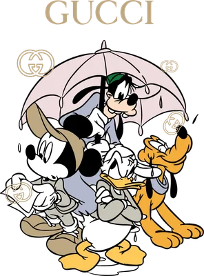 Mickey, Donald, Goofy và Pluto đứng dưới một chiếc ô màu hồng nhạt, với logo Gucci xuất hiện trên nền xám.