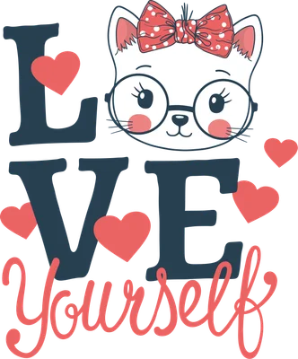 Hình ảnh minh họa chú mèo trắng đeo kính tròn, nơ đỏ chấm bi, với dòng chữ "Love Yourself" và trái tim màu hồng.