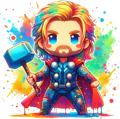 Hình minh họa Thor chibi dễ thương với mái tóc cầu vồng, cầm búa Mjolnir, trên nền hiệu ứng màu nước rực rỡ.