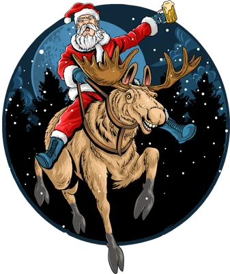 Ông Già Noel đội mũ đỏ, râu trắng, mặc bộ đồ đỏ, cưỡi trên lưng một con tuần lộc lớn, tay cầm cốc bia, trên nền đêm trăng và cây thông.