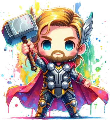 Thor chibi đáng yêu cầm búa Mjolnir, phong cách màu nước rực rỡ
