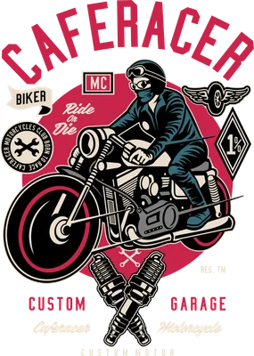 Thiết kế đồ họa biker lái xe cafe racer phong cách vintage cổ điển với các chi tiết cơ khí