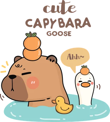 Hình minh họa capybara và ngỗng dễ thương đang tắm bồn, trên đầu capybara có hai quả quýt, ngỗng có một quả quýt và bong bóng thoại 'Ahh~'. Có một chú vịt con màu vàng bên cạnh capybara.
