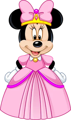 Hình ảnh Minnie Mouse trong trang phục công chúa màu hồng, đeo vương miện vàng và nơ hồng, mỉm cười thân thiện trên nền xám.