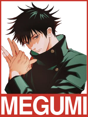Hình ảnh Fushiguro Megumi, nhân vật anime với mái tóc đen, đôi mắt xanh và cử chỉ tay đặc trưng, mặc áo khoác xanh đậm.