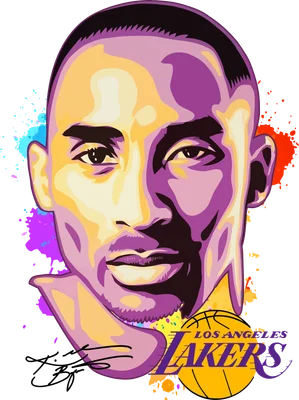 Hình vẽ chân dung Kobe Bryant với tông màu tím, vàng, cam, xanh dương, cam, trên nền xám, có logo Los Angeles Lakers.