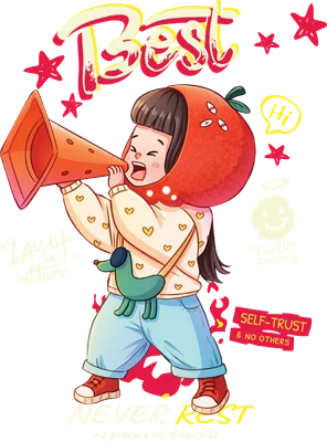 Hình vẽ cô bé đội mũ hình quả dâu tây, tay cầm loa phóng thanh, biểu cảm vui vẻ, có các dòng chữ 'Best', 'Hi', 'LAUGH often', 'SELF-TRUST & NO OTHERS', 'NEVER REST'.