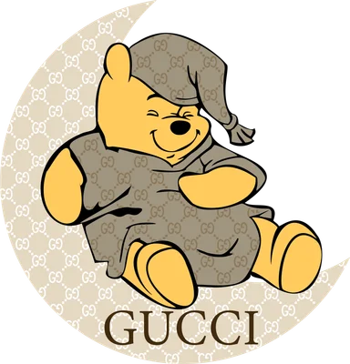 Hình ảnh Gấu Pooh mặc đồ ngủ in họa tiết Gucci, ngồi trên vầng trăng.