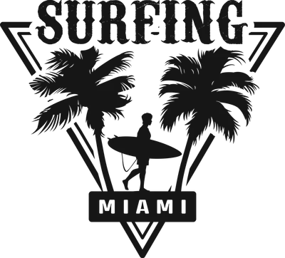 Hình ảnh đồ họa silhouette người lướt sóng cầm ván, hai cây cọ và chữ SURFING MIAMI trên nền xám.