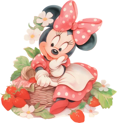 Minnie Mouse hoạt hình dễ thương ngồi cạnh giỏ dâu tây đỏ và hoa trắng, nền xám.