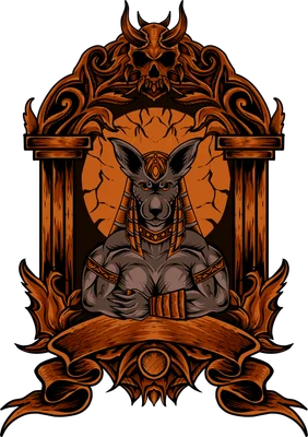 Hình ảnh Anubis, thần đầu chó Ai Cập cổ đại, trong khung trang trí ornate, với mặt trăng tròn phía sau.