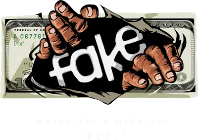 Hình minh họa bàn tay xé toạc tờ 100 đô la, để lộ chữ 'fake' màu trắng, truyền tải thông điệp về giá trị thực.