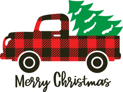 Hình ảnh xe tải chở cây thông Noel với họa tiết caro đỏ đen và dòng chữ Merry Christmas.
