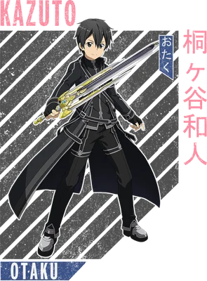 Hình vẽ nhân vật Kirito từ Sword Art Online, mặc áo khoác đen, cầm thanh kiếm vàng, có chữ KAZUTO và OTKU.