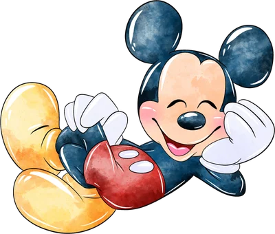 Hình ảnh Mickey Mouse hoạt hình đang nằm cười tươi, vẽ theo phong cách màu nước với tông màu xanh đậm, đỏ và vàng.