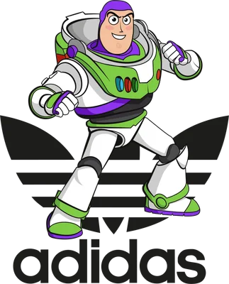 Hình ảnh nhân vật Buzz Lightyear trong bộ đồ phi hành gia, đứng trước logo Adidas.