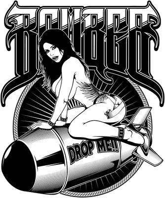 Hình minh họa đen trắng cô gái quyến rũ ngồi trên quả bom với chữ Bomber và Drop Me