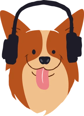 Hình ảnh hoạt hình chú chó Corgi màu nâu cam, đeo tai nghe màu đen, lè lưỡi, biểu cảm vui vẻ.