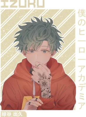 Hình vẽ anime chàng trai tóc xanh lá cây, mặc áo hoodie đỏ, có hình xăm hoa trên cánh tay và đeo nhẫn.