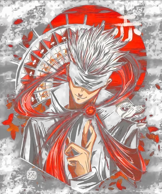 Hình vẽ anime chàng trai tóc bạc trắng, đeo băng mắt đen, mặc áo choàng đỏ, với biểu cảm bí ẩn.
