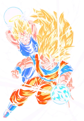 Hình ảnh Goku và Vegeta trong trạng thái Super Saiyan, đang tung chiêu tấn công với năng lượng.