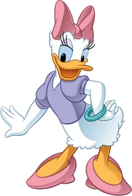 Hình ảnh hoạt hình vịt Daisy Duck của Disney với áo tím, nơ hồng và giày hồng, đang tạo dáng vui vẻ trên nền xám.