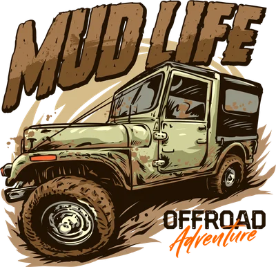 Hình minh họa xe Jeep offroad cổ điển màu xanh rêu dính bùn, với chữ 'MUD LIFE' và 'OFFROAD Adventure'. Phù hợp cho người yêu xe địa hình.