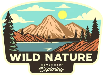 Hình ảnh phong cảnh núi non hùng vĩ bên hồ nước với cây thông và mây trời, có chữ 'WILD NATURE'