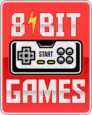 Hình ảnh tay cầm chơi game phong cách 8-bit retro với chữ '8 BIT GAMES' nổi bật trên nền đỏ.