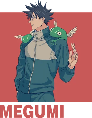 Nhân vật anime Megumi Fushiguro với hai chú ếch có cánh trên vai, mặc áo khoác thể thao.