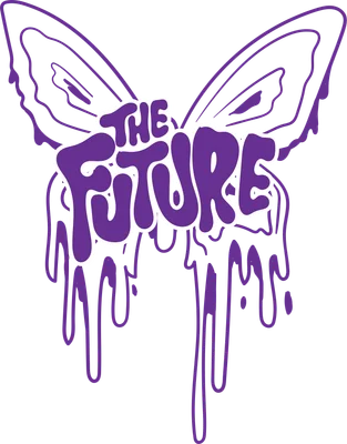 Hình ảnh chữ THE FUTURE màu tím với hiệu ứng giọt chảy, đặt trên phác thảo cánh bướm màu tím nhạt, trên nền xám.