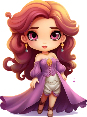Hình minh họa công chúa chibi tóc hồng, mắt to long lanh, mặc váy tím và phụ kiện vàng, phong cách hoạt hình dễ thương.