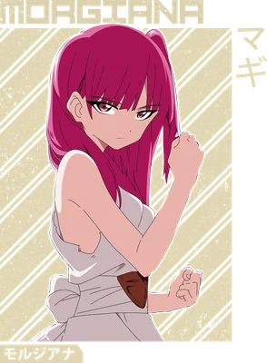 Hình ảnh nhân vật anime Morgana với mái tóc hồng, mặc trang phục trắng, biểu cảm quyết đoán.