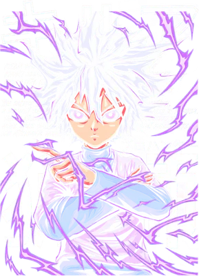 Hình minh họa nhân vật Killua Zoldyck từ anime Hunter x Hunter với mái tóc trắng, đôi mắt tím và tia sét tím bao quanh.