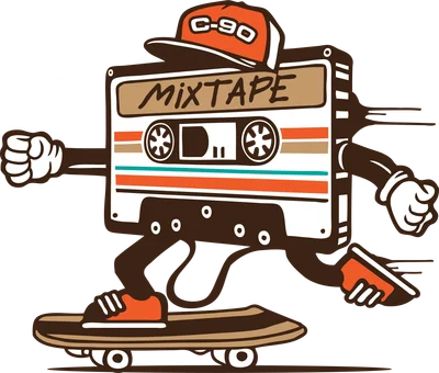 Hình minh họa băng cassette đeo mũ lưỡi trai, trượt ván, với tay chân hoạt hình.
