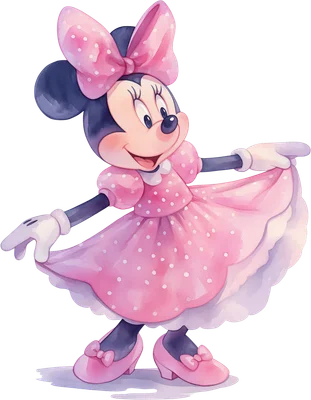 Hình ảnh Minnie Mouse hoạt hình đáng yêu mặc váy hồng chấm bi, phong cách màu nước, nền trong suốt.