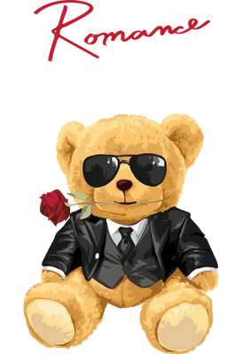 Hình vẽ gấu Teddy màu vàng mặc vest đen, đeo kính râm, ngậm hoa hồng đỏ với chữ 'Romance SUPERIOR'.
