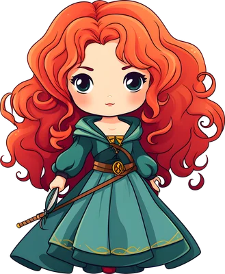 Hình ảnh chibi công chúa Merida tóc đỏ, mặc đầm xanh lá, cầm cung tên, phong cách hoạt hình dễ thương.