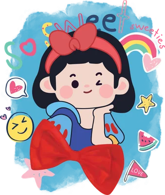 Hình vẽ công chúa Bạch Tuyết phiên bản chibi dễ thương, nháy mắt, đội băng đô nơ đỏ, có các biểu tượng trái tim, cầu vồng, dưa hấu, ngôi sao.