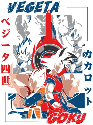 Hình ảnh ghép các nhân vật Vegeta và Goku trong Dragon Ball Z, với chữ "VEGETA" và "GOKU" nổi bật.