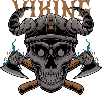 Hình minh họa đầu lâu chiến binh Viking đội mũ sắt có sừng và hai chiếc rìu bắt chéo phía sau
