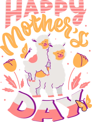 Hình ảnh minh họa mẹ con nhà Alpaca vui vẻ, với hoa và bướm, mừng Ngày của Mẹ.