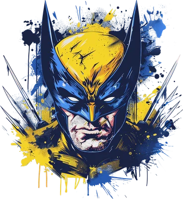 Hình ảnh Wolverine với mặt nạ xanh vàng, móng vuốt sắc nhọn và hiệu ứng sơn bắn tung tóe trên nền xám.
