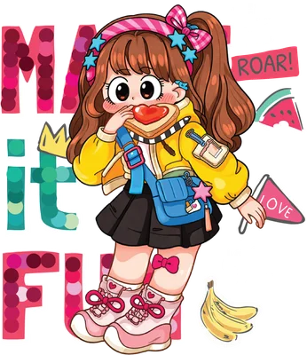 Hình vẽ chibi cô bé tóc nâu đeo băng đô sao, mặc áo khoác vàng, cầm bánh mì hình trái tim ăn, xung quanh có chữ và trái cây.