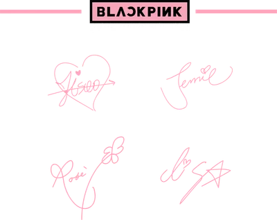 Bốn chữ ký của các thành viên BLACKPINK: Jisoo, Jennie, Rosé, Lisa, với logo BLACKPINK Signature Edition.