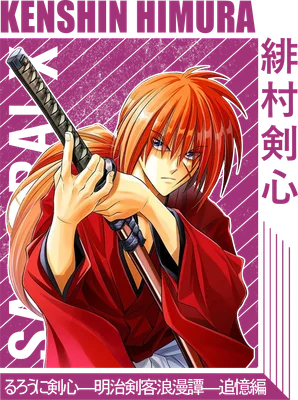 Hình ảnh Kenshin Himura, nhân vật anime với tóc đỏ, mặc áo đỏ, tay cầm kiếm.