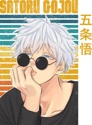 Hình vẽ anime Satoru Gojo đeo kính râm tròn, tóc trắng, tay chống cằm, biểu cảm ngầu.