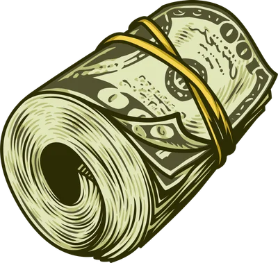 Hình vẽ cuộn tiền đô la Mỹ 100 USD được buộc bằng dây chun vàng, phong cách vẽ tay.