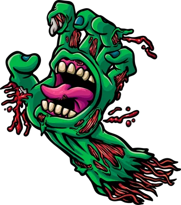 Hình ảnh minh họa bàn tay zombie màu xanh lá cây với các vết rách, lộ ra thịt đỏ và máu chảy.