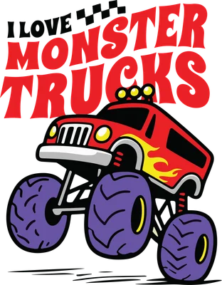 Hình minh họa xe tải quái vật màu đỏ với bánh xe tím, có chữ "I LOVE MONSTER TRUCKS" và họa tiết lửa.